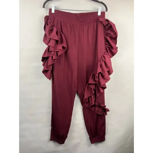 ASOS Ruffle Tapered Pants, Wine Red, 100% Polyester, Statement Joggers Lounge - Picture 3 of 13